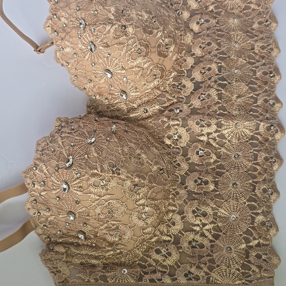 Windsor Daring Embellished Beige Beaded Bra Corset Bustier Crop Top Bling Sz M - Picture 2 of 11